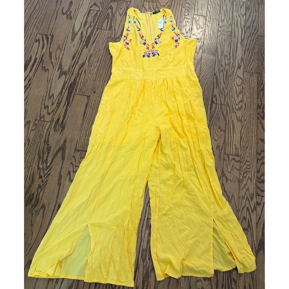 Angela Plus Women's 2XL Yellow Floral Embroidered Wide Leg Jumpsuit NWT